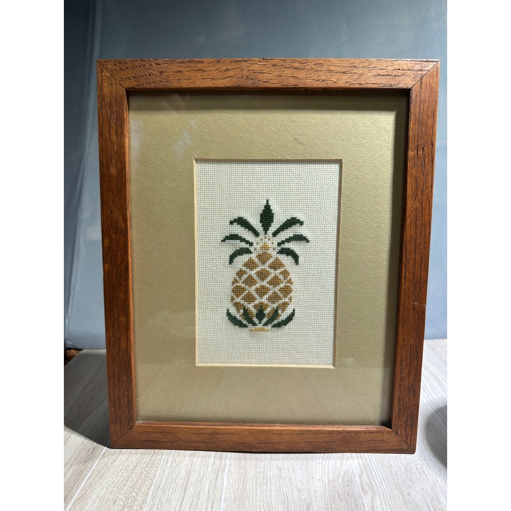 Framed Cross Stitch Pineapple Art Rustic Wood Frame Tropical Home Decor